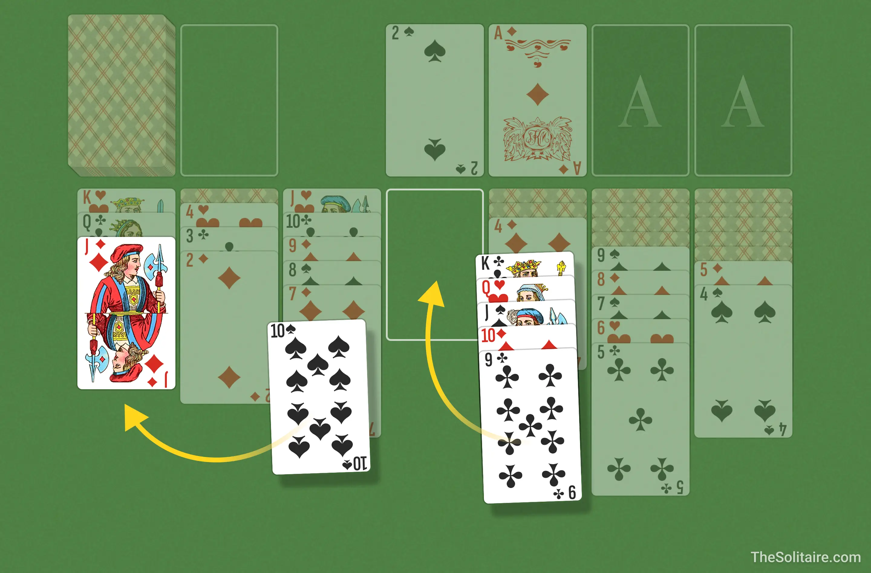 Solitaire (Turn 1). Example of moving cards between columns: a single card and an ordered group are placed in descending order with alternating colors.