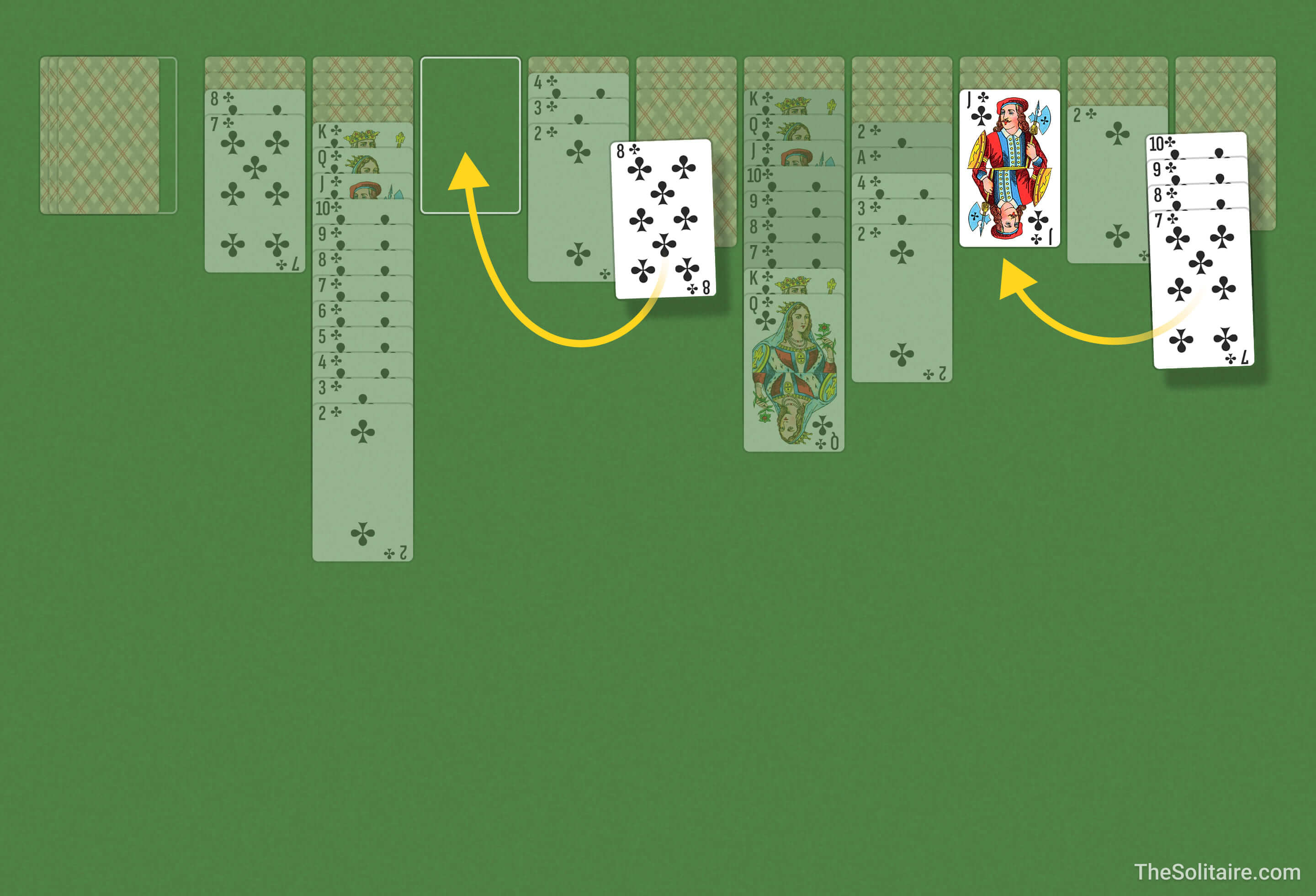 Spider 1 Suit. Example of moving one card or an ordered group of cards between columns.