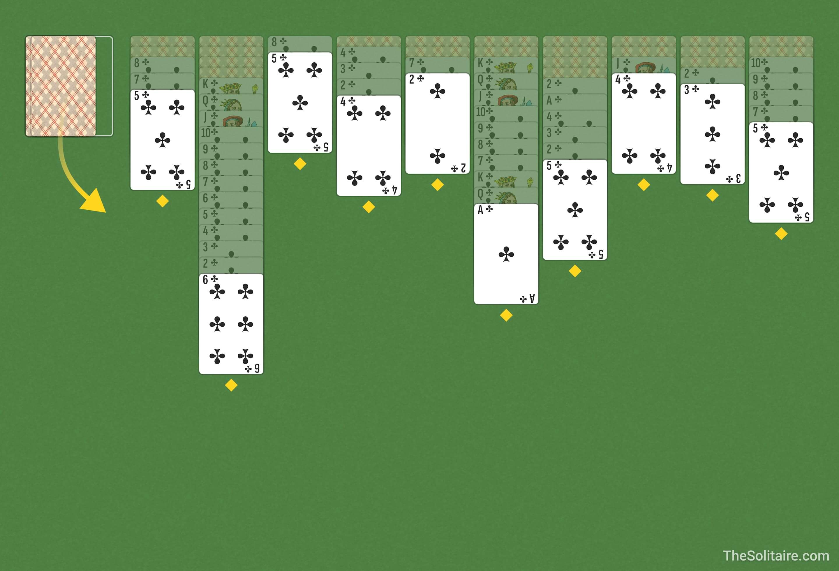 Spider 1 Suit. Example of dealing one card from the deck to the top of each column.