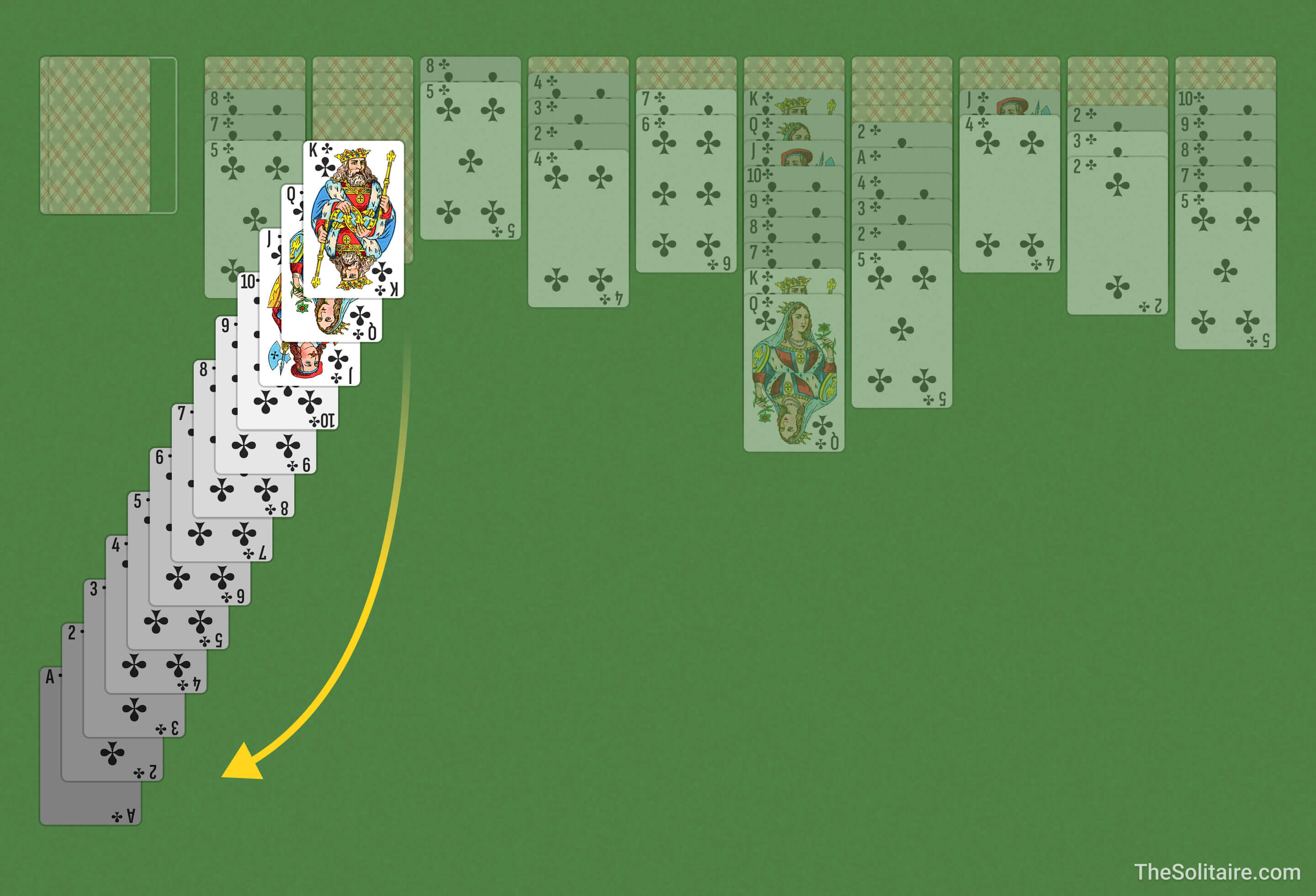 Spider 1 Suit. A complete sequence from K to A moves to the Foundations section automatically.